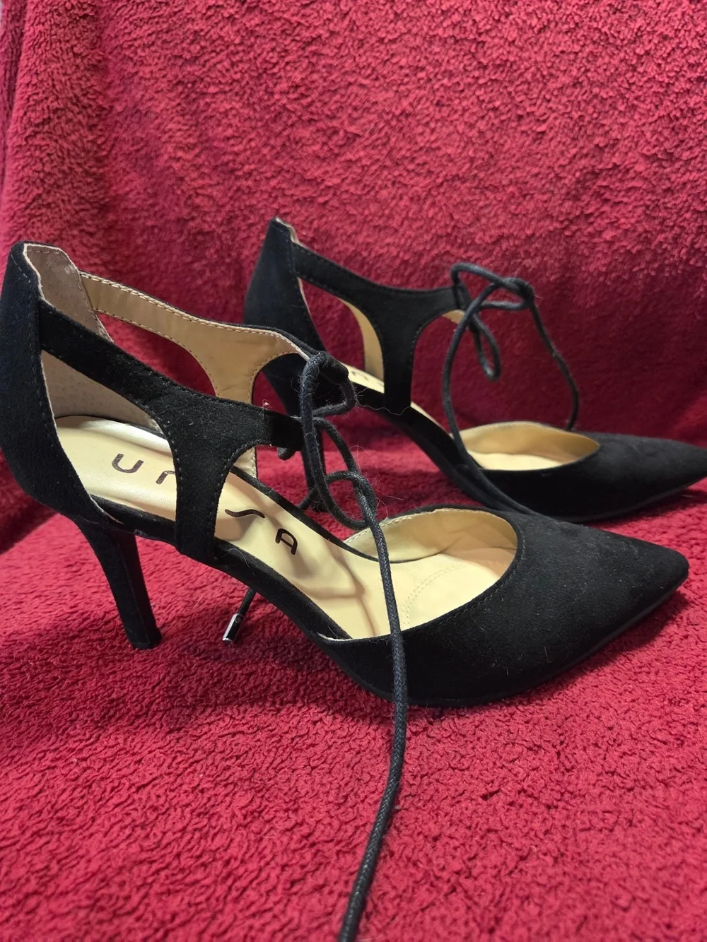 Unisa Black Suede Slingback Pointed Toe Lace-Up Heels
